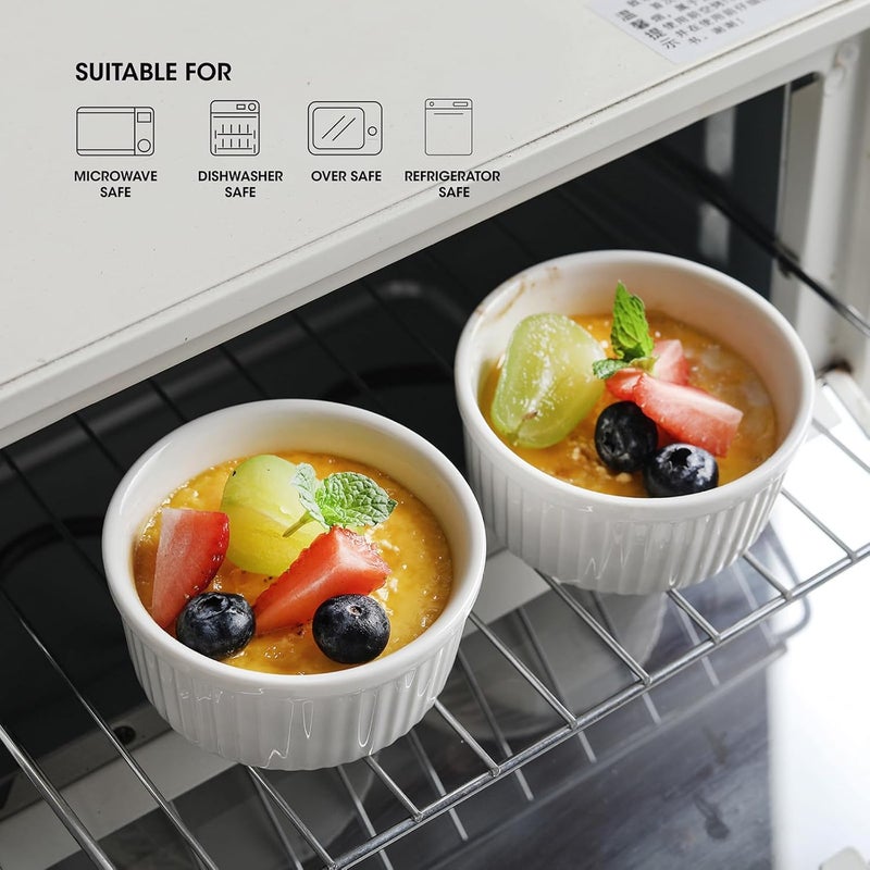 Feenmai Ramekins 6 oz Creme Brulee Ramekins Oven Safe Bowls Set of 6 Small Ceramic Baking Bowls Porcelain Pudding Custard Souffle Bowls Dipping Sauce Bowls White Kitchen Remekins for Baking - Image 5
